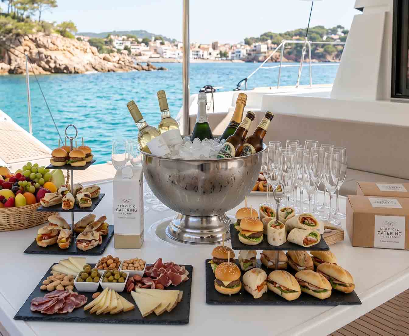 Pack para una despedida de soltero con una lujosa variedad de comida y bebidas dispuesta en un yate con un hermoso fondo costero. La mesa presenta un gran cuenco de metal lleno de hielo y botellas, rodeado de copas. Varios aperitivos, incluidos mini sándwiches, wraps, queso y charcutería, están artísticamente dispuestos en bandejas. Una cesta de frutas frescas añade color a la elegante presentación.