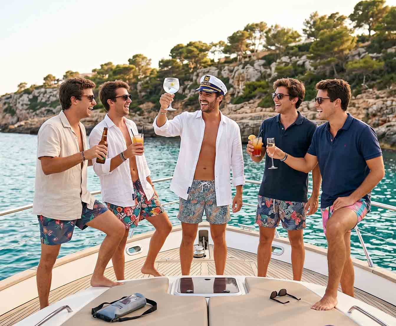 Un grupo de cinco hombres con ropa de verano casual están de pie en un barco en una despedida de soltero, sosteniendo bebidas y sonriendo. Están junto al agua, con acantilados rocosos y árboles de fondo, disfrutando de un día soleado.